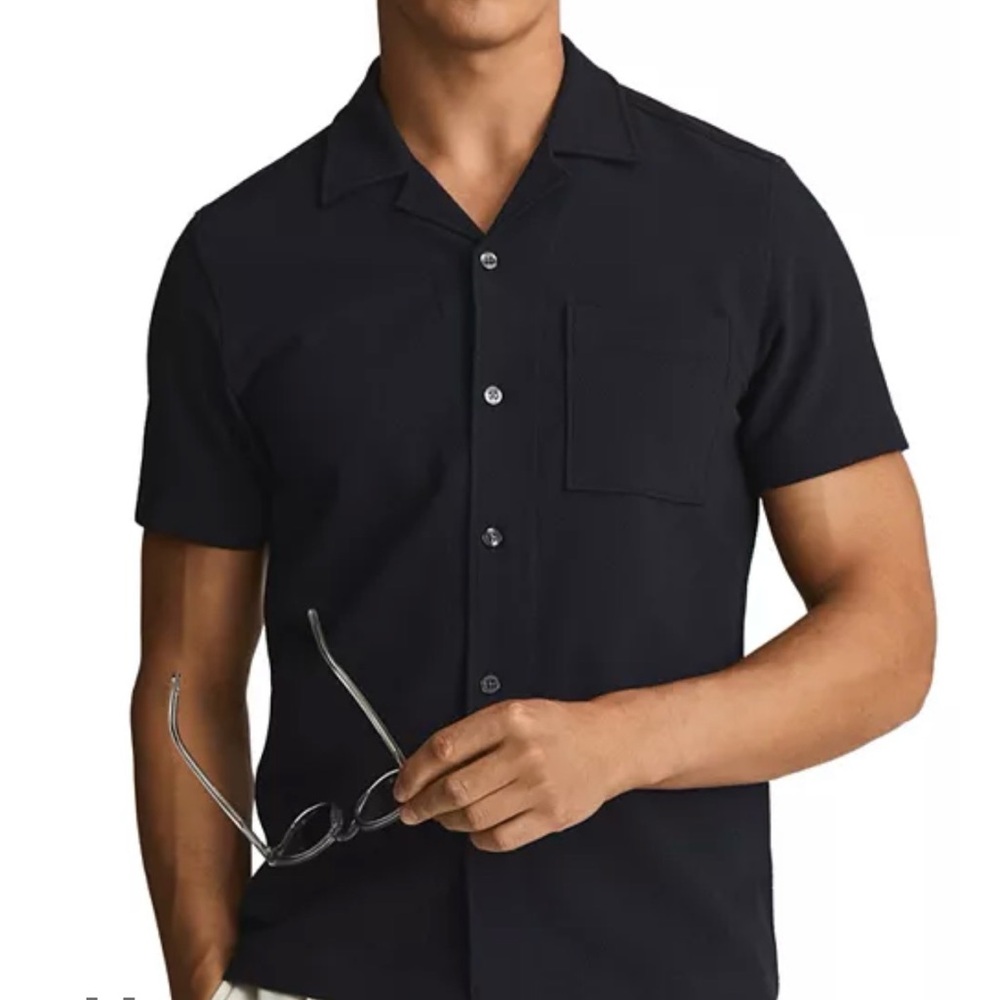 Reiss Bovice Seersucker Regular Fit Short Sleeve Shirt Navy LIKE NEW
